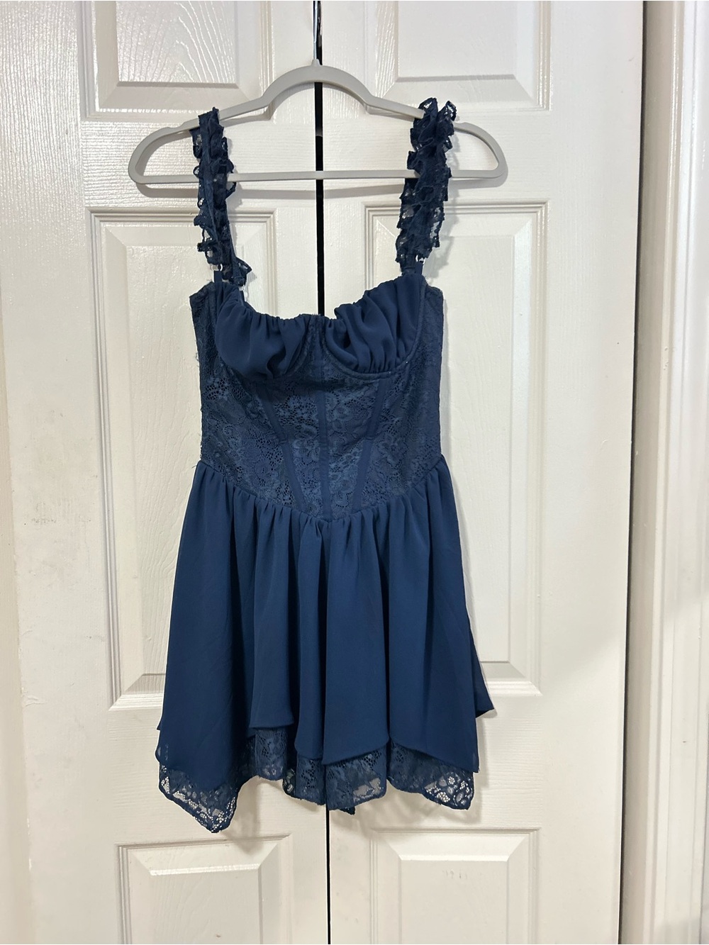 Navy Lace-Front Camisole Dress with Ruffled Straps